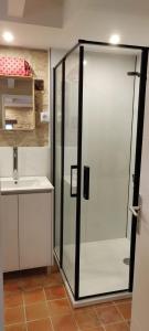 a bathroom with a glass shower and a sink at location 24h du Mans in La Ferté-Bernard