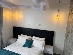 a bedroom with a bed with a black headboard and white pillows at Elp Living in Hoima