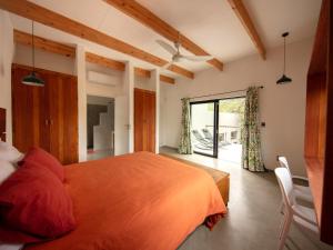 a bedroom with an orange bed and a large window at Canopy Lodge Marloth in Marloth Park +17 photos