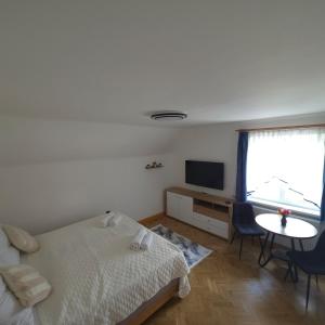 a bedroom with a bed and a tv and a table at Apartment Almblick in Übelbach