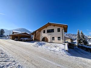 a house on a snowy road with a snow covered driveway at Das Freigeist in Flachau