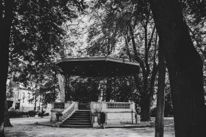 a black and white photo of a staircase in a park at Chez Coco - Studio à 200m de la Gare ! in Besançon +11 photos