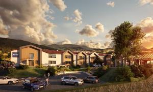 a rendering of a town with cars parked in a parking lot at Kyriad - L'Isle D'Abeau Bourgoin Jallieu in LʼIsle-dʼAbeau
