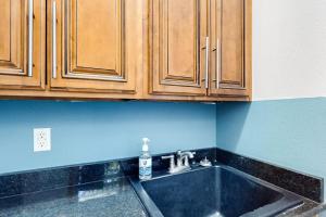 a kitchen sink with a bottle of soap on it at Treetop View Sanctuary in Branson +40 photos