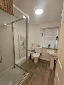a bathroom with a shower and a toilet and a sink at Kirkwall Flat 1 in Orkney