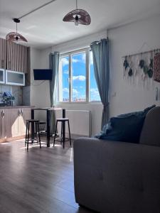 ein Wohnzimmer mit Sofa und eine Küche in der Unterkunft Studio Aloe in Dunkerque