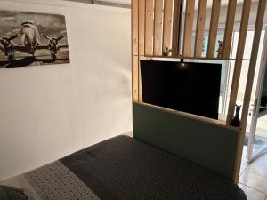 a bedroom with a bed and a flat screen tv at Coconning studio in Plauzat +2 photos