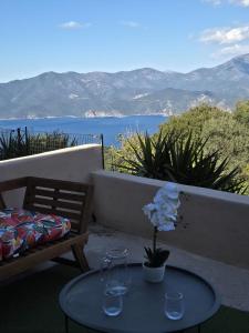 a table with a vase of flowers sitting on a patio at A Casa di Minana in Piana