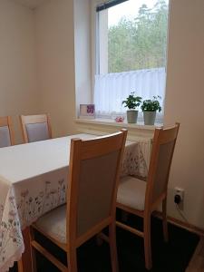 a dining room table with chairs and a window at Apartmán s terasou REZIDENCE 300 Všemina in Všemina