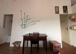 Ein Tisch und ein Stuhl stehen neben einer Wand, auf der eine Pflanze steht. in der Unterkunft View & Wine Room in Canelli