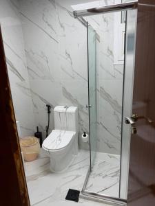 a bathroom with a toilet and a glass shower at High-floor Luxury Apartment! in Ajman  +20 photos