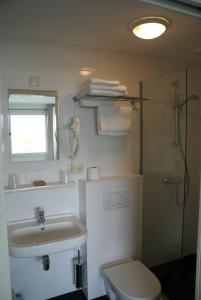 uma casa de banho com um WC, um lavatório e um chuveiro em De Herbergh van Flielant em Oost-Vlieland