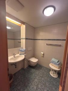 a bathroom with a sink and a toilet and a mirror at Ganda Appartements in Gargellen