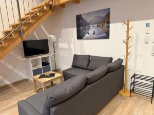a living room with a couch and a tv at SchwalbenNest Pfeifers OdenwaldNest in Rimbach
