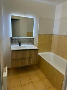 a bathroom with a sink and a tub and a mirror at Apt Parisien in Vitry-sur-Seine