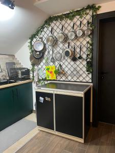 a kitchen with a sink and some pots and pans at Lighthouse Apartman in Svilajnac