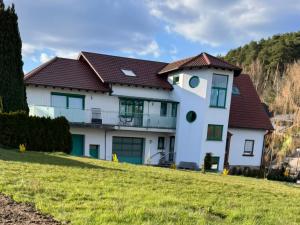 a white house with a brown roof at Ferienhaus-Drachenfels-Busenberg in Busenberg