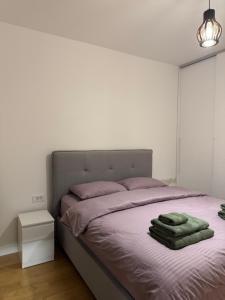 a bedroom with a bed with pink sheets and green towels at Dolce dimora in Bar