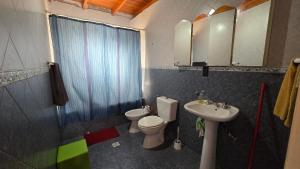 a bathroom with a toilet and a sink and mirror at La Colina in Río Mayo +28 photos