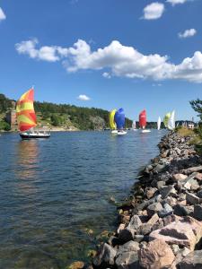 a group of boats on a river with sailboats at Rindö Hamn Bed & Breakfast in Vaxholm