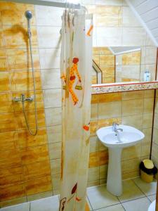 a shower curtain in a bathroom with a sink at Teo Guest Rooms in Baile Felix +41 photos