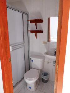 a small bathroom with a toilet and a sink at Heliconias Hotel in Leticia