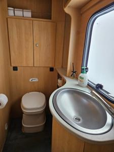 a bathroom with a sink and a toilet at Radbjerg privat camping in Væggerløse