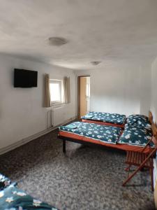 a bedroom with two beds and a flat screen tv at Chata Florian in Adolfov