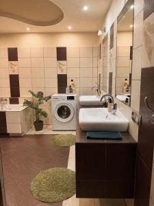 a bathroom with a sink and a washing machine at Agroturystyka Parlińskie Wody II in Parlino +35 photos