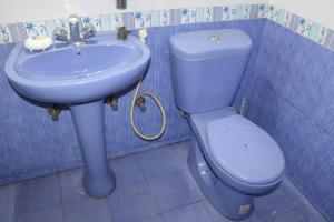 a bathroom with a blue toilet and a sink at Rosvilla Guest House in Benaulim +15 photos