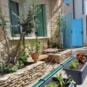 a garden with potted plants in front of a house at L'atelier d'LN in La Roque-dʼAnthéron