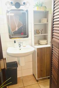 a bathroom with a sink and a tv on a shelf at Escale verdoyante in Petit-Bourg