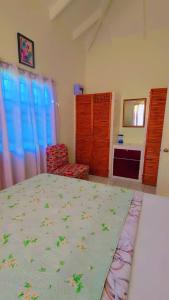 a bedroom with a bed and a chair and a bed sidx sidx sidx at Juju's Cottage with magnificent views in Laborie