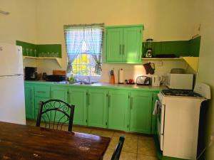 a green kitchen with green cabinets and a table at Juju's Cottage with magnificent views in Laborie