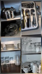 a collage of photos of a refrigerator with dishes and utensils at Logis des prodiges - Le 777 in Rouyn-Noranda