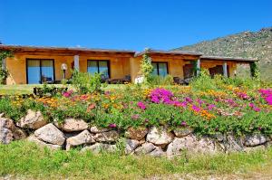 a house with flowers in front of a stone wall at Li Teggi Turismo Rurale in San Teodoro