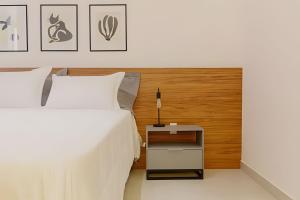 a bedroom with a bed and a wooden headboard at Studio Moderno com Internet e Garagem. in Três Corações +17 photos