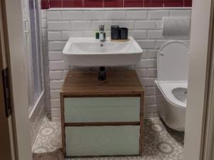 a bathroom with a white sink and a toilet at Holiday Home in Konz in Konz +30 photos