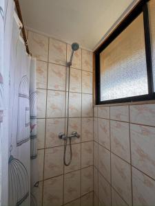 a shower in a bathroom with a window at Pan de Azúcar Lodge in Ciudad de Chañaral