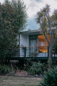 a house with a balcony with a palm tree at Georgie Bay St Helens in St Helens