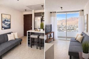 two pictures of a living room with a couch and a desk at Edificio iquique obispo labbe 830 in Iquique