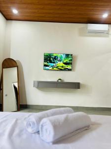 a bedroom with a bed with a tv on the wall at Sedana Pertiwi House in Ubud