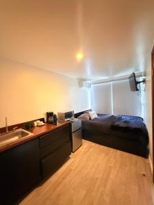 a bedroom with a bed and a sink and a desk at cabañas aldebaran in Ciénega Redonda