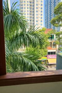 a view of a palm tree from a window at Lina Hotel Hồ Chí Minh in Dĩ An