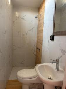 a bathroom with a toilet and a sink at Estadía San Vicente in San Vicente de Cañete