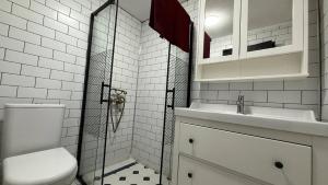 a bathroom with a shower and a toilet and a sink at Uludag ztrk Mountain House in Kirazlı +98 photos