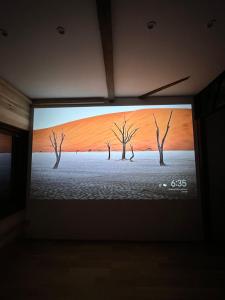 a television screen with a picture of trees in the water at KONAYUKI Apartment in Myoko