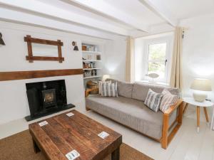 a living room with a couch and a fireplace at Fern Cottage in Cardigan