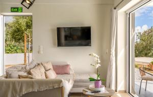 a living room with a couch and a tv on a wall at Daphne 2 in Agia Galini