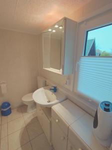 a bathroom with a sink and a toilet and a window at Haus Katharina in Loissin +52 photos